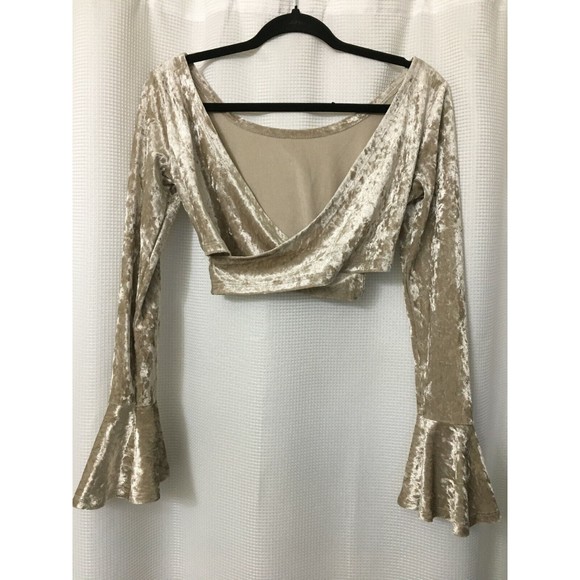 Crush Velour Crop Top Boho Bell Sleeves Size Small Cross Back Platinum Color A1 - Picture 6 of 6
